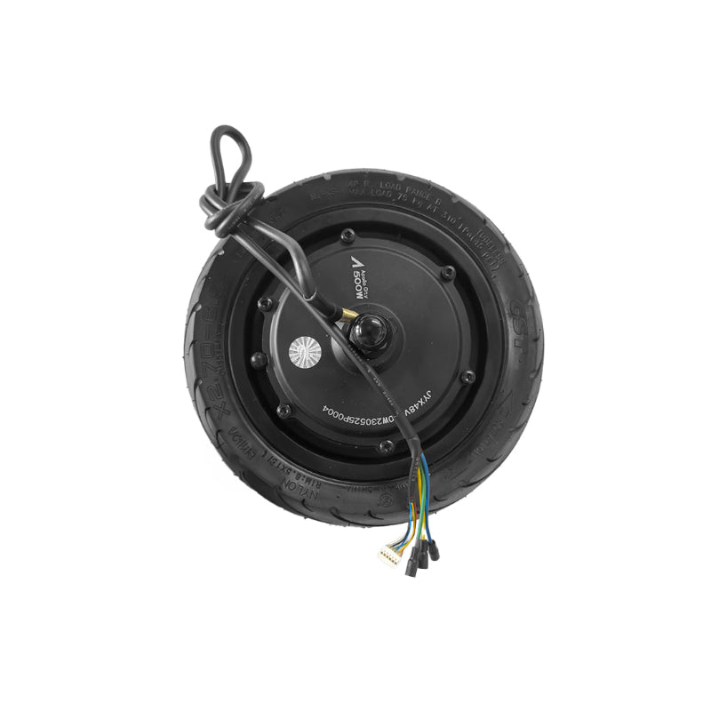 Black electric scooter wheel with visible branding on a white background