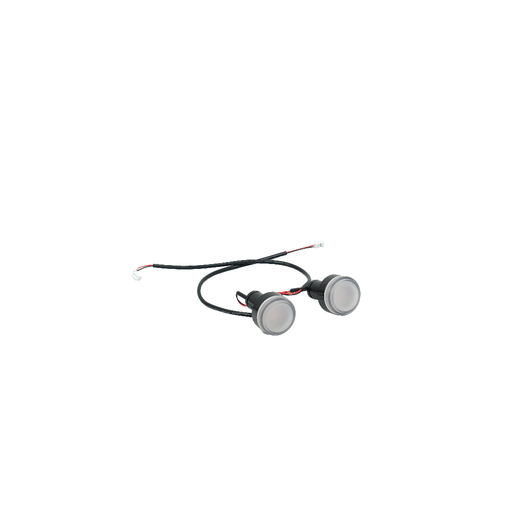 Two round lights for an electric scooter with wiring on a white background