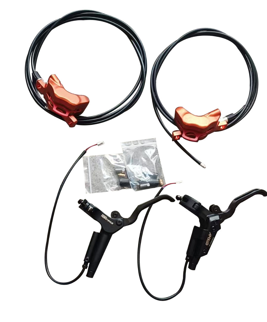 Electric scooter brake levers with cables and housing on a white background