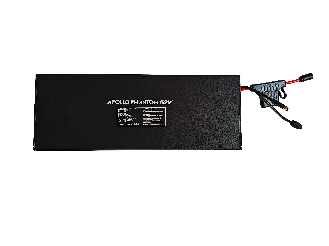 Apollo Phantom 2.0 52V Battery Assembly, predominantly black in color with red and black wires visible.