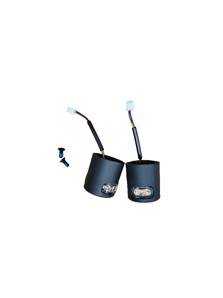 Two black front turn signal assemblies for Apollo Phantom scooters, with wiring harnesses and mounting screws.
