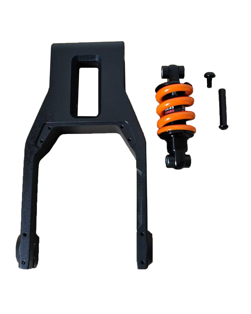 Black metal bracket with orange shock absorber on a white background