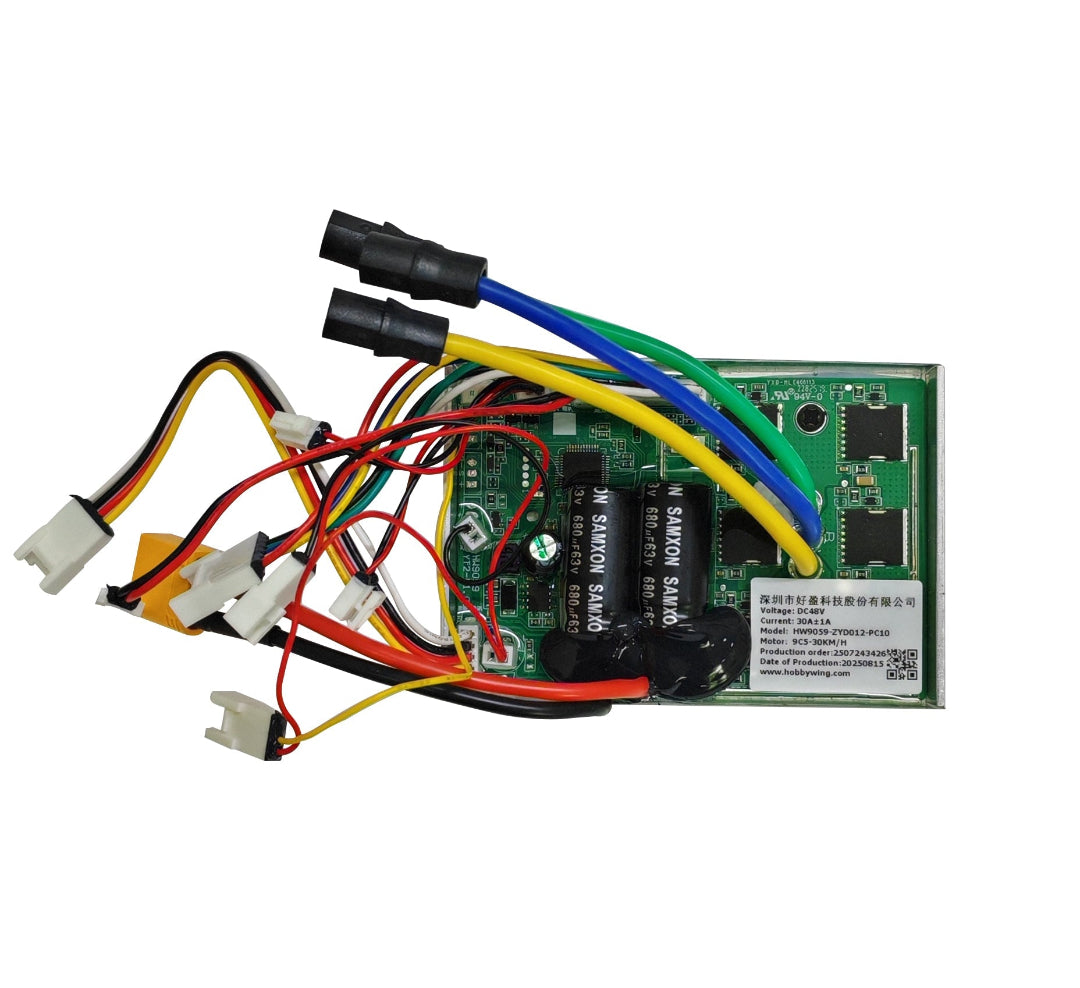 Electronic circuit board with various colored wires on a white background