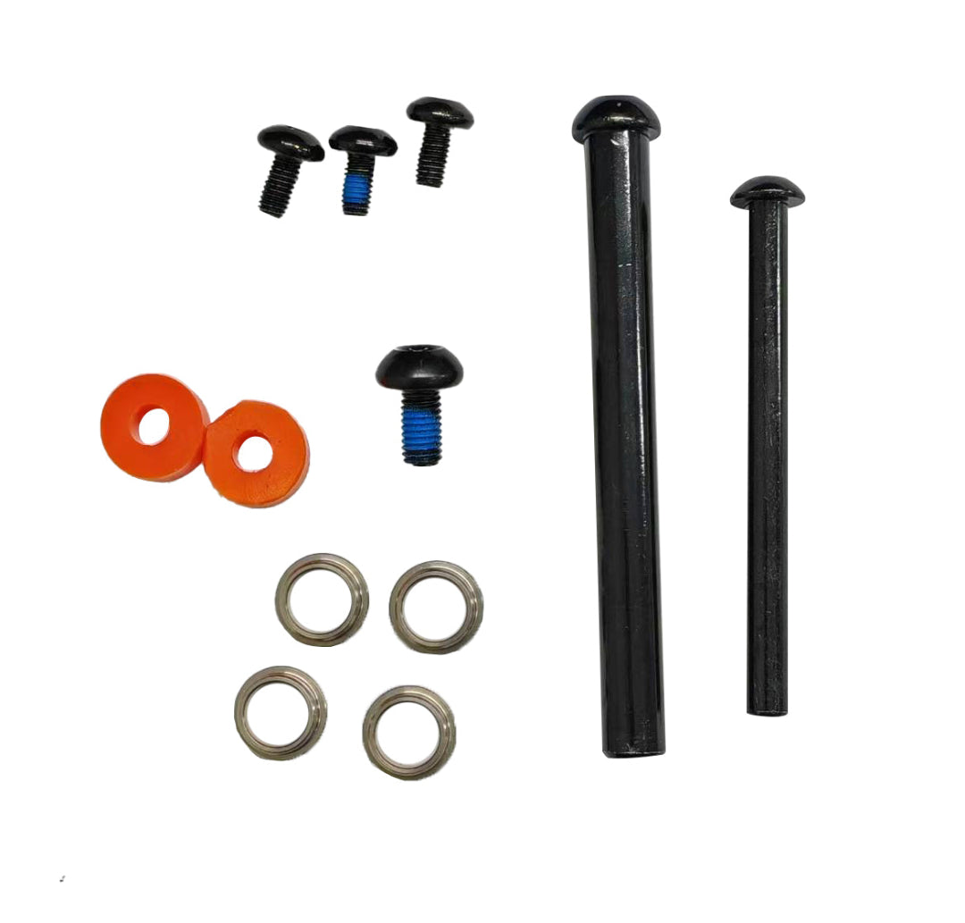 Set of electric scooter hardware components including screws, washers, and bearings on a white background