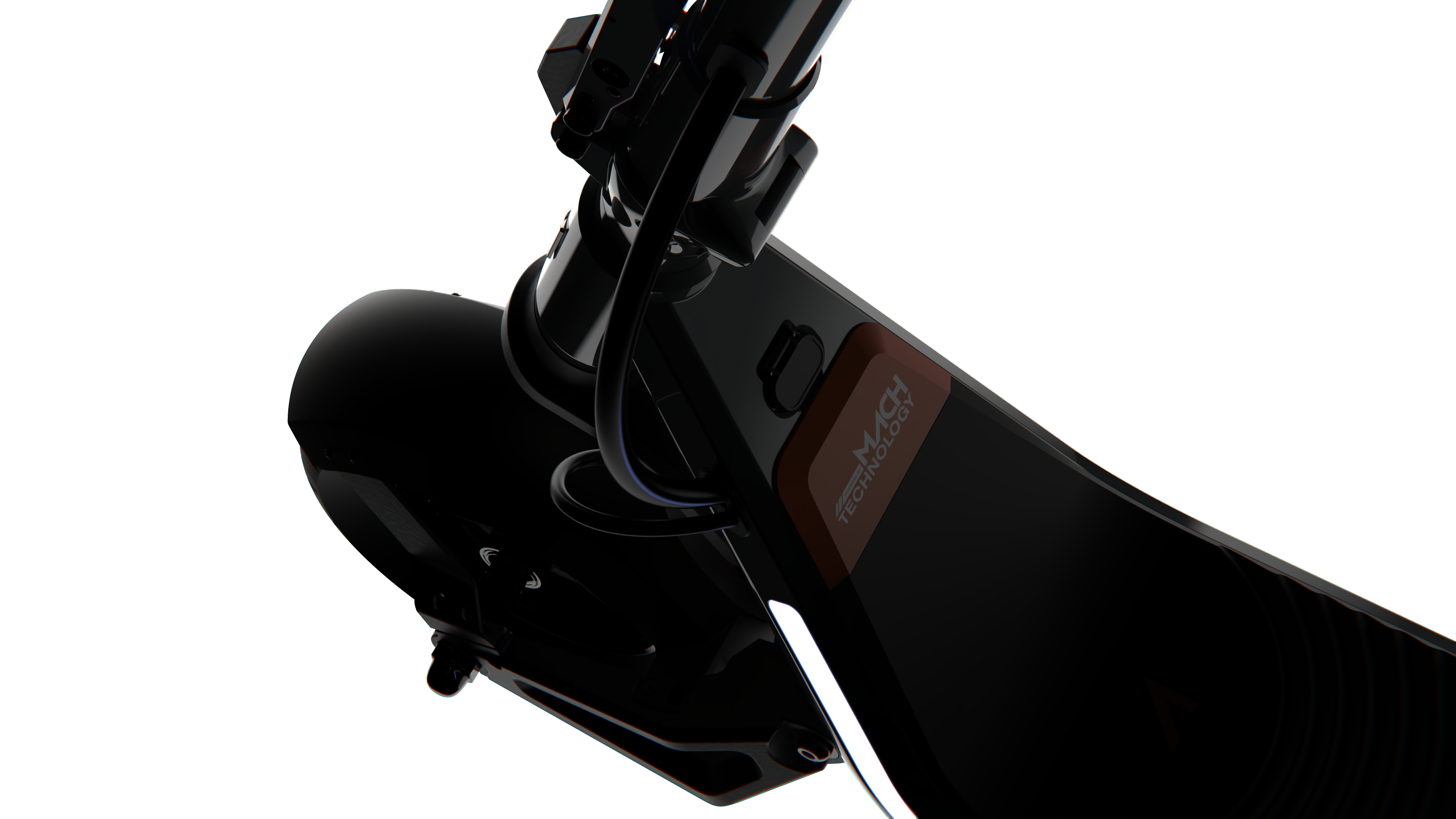 Close-up of a black scooter handlebar with visible branding on a white background