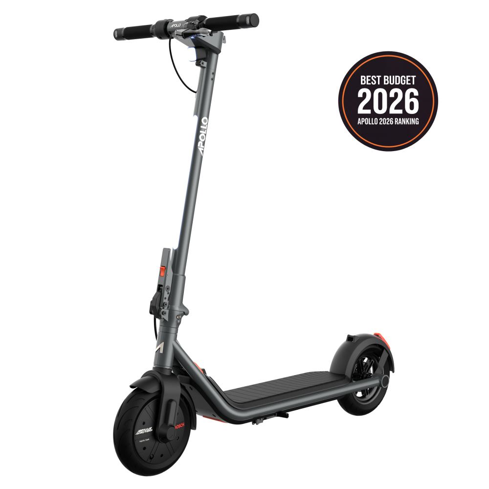 Black Apollo Dash electric scooter with 'Best Budget 2026' badge on a white background