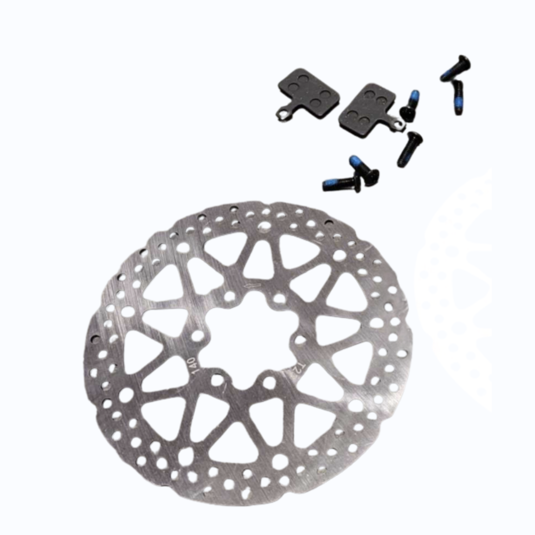 Electric Scooter disc brake rotor with components on a white background