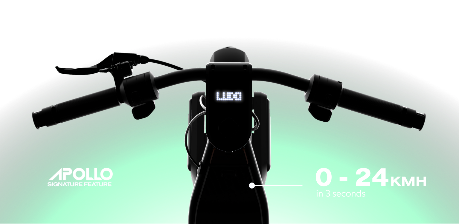 Close-up of an electric scooter handlebar with Apollo branding and speed display on a white background