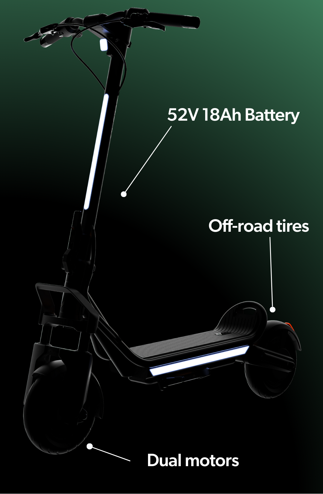 Electric scooter with labeled features on a dark background