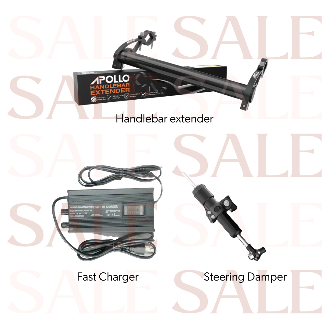 Apollo handlebar extender, fast charger, and steering damper on a sale background