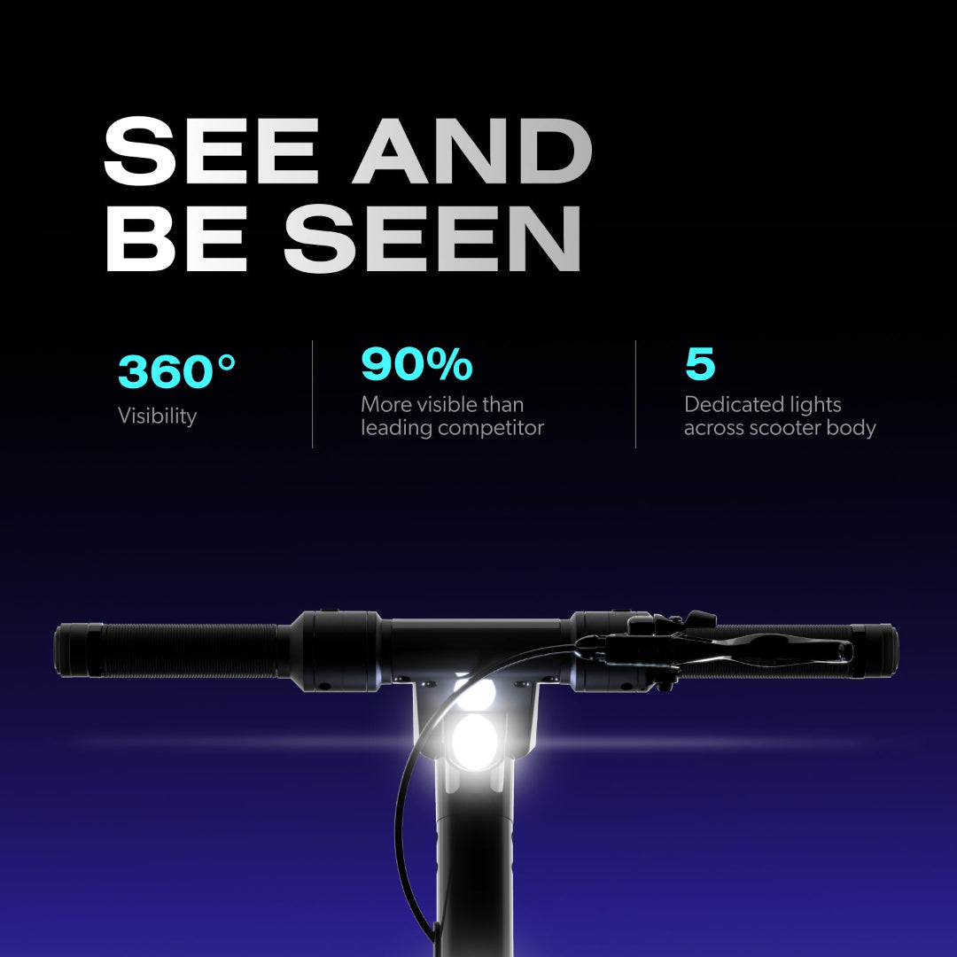 Scooter handlebar with lighting features and text highlighting visibility and design on a dark background