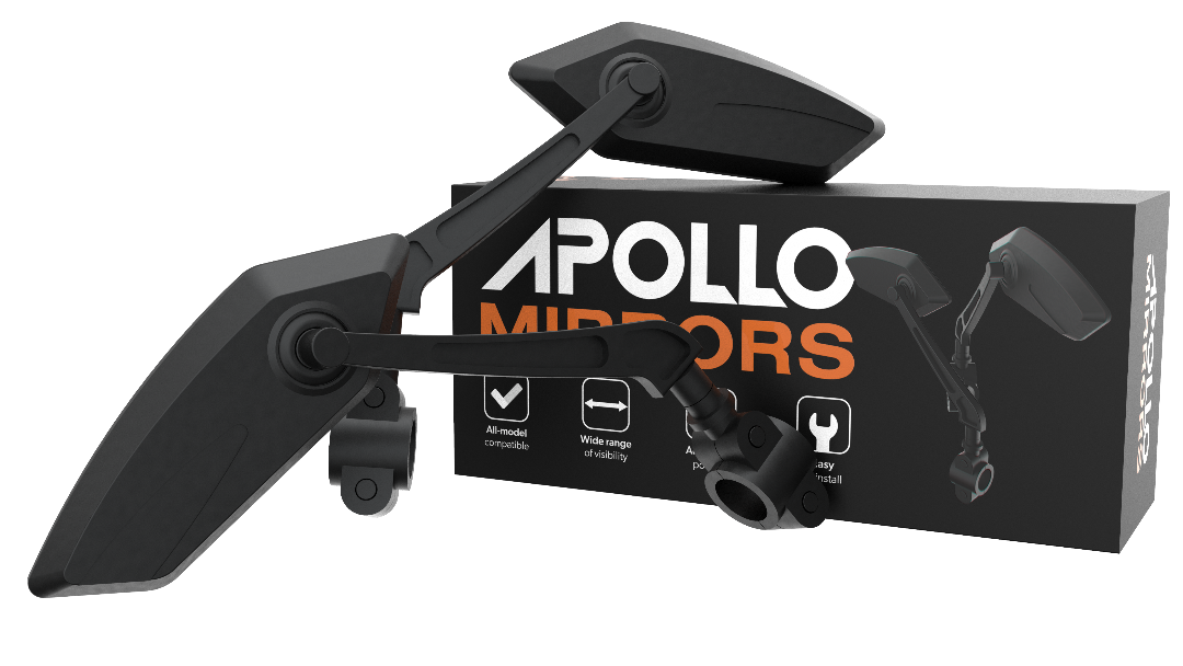 A pair of black Apollo side mirrors for scooters, displayed alongside their packaging which has 'Apollo Mirrors' written on it.