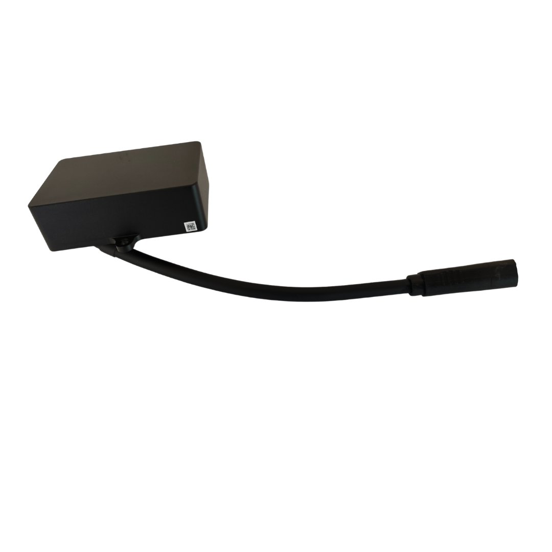 Black rectangular device with a curved arm on a white background