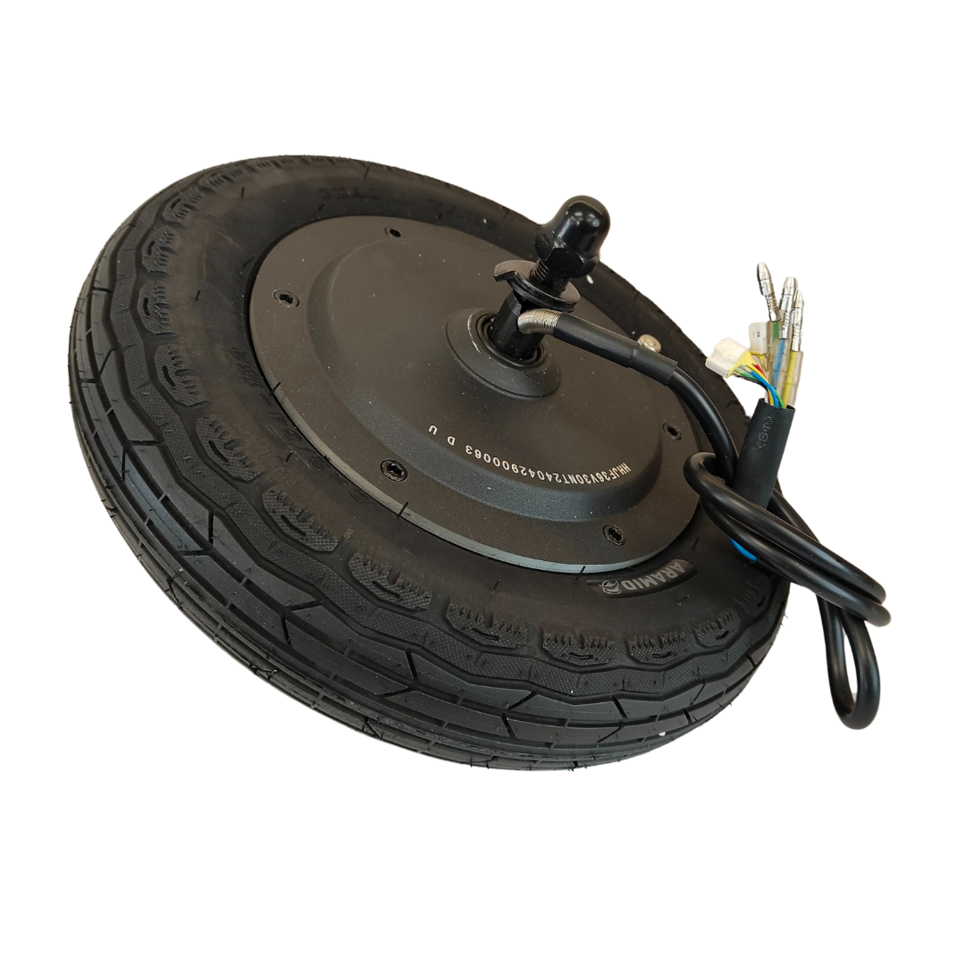 Black electric wheel with wiring on a white background for an electric scooter
