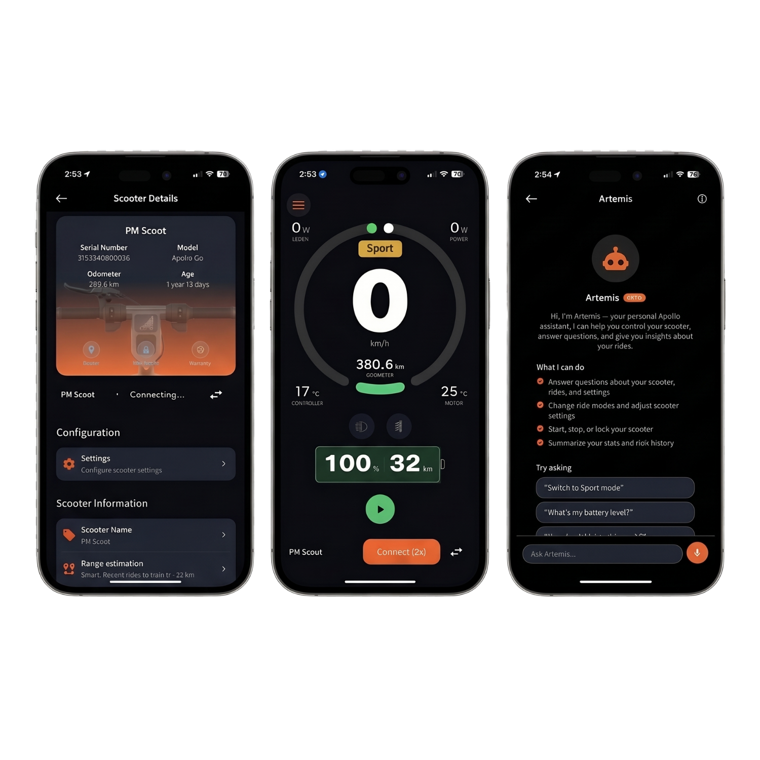 Apollo App ride tracking, dashboard, and route screens