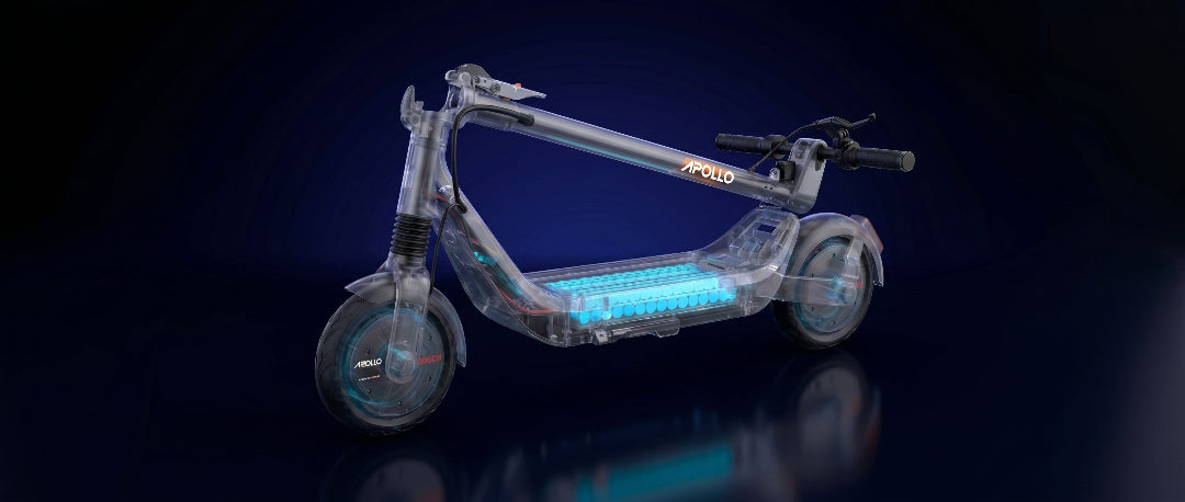 Electric scooter with transparent body and blue battery on a dark background