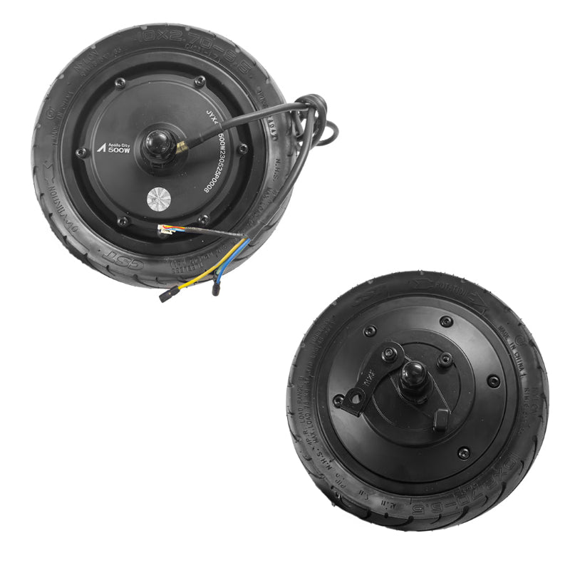 Two electric scooter wheels with motors on a white background