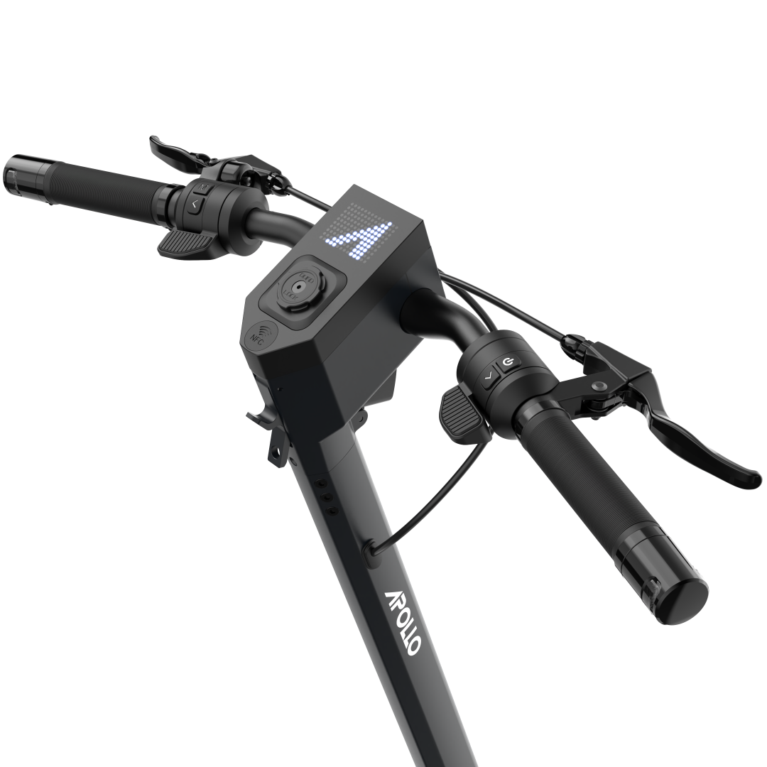 Black Apollo Phantom electric scooter handlebar with Apollo branding on a white background