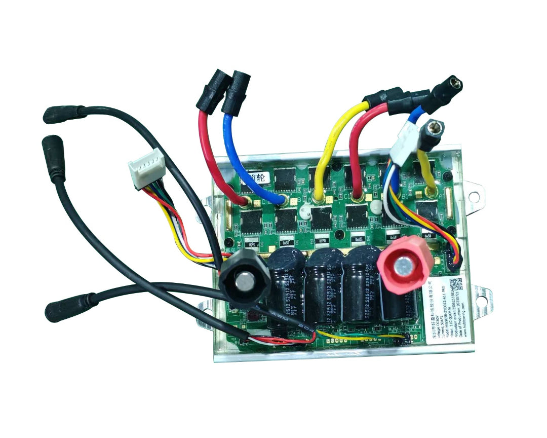 Electronic control panel for an electric scooter with wiring and connectors on a white background