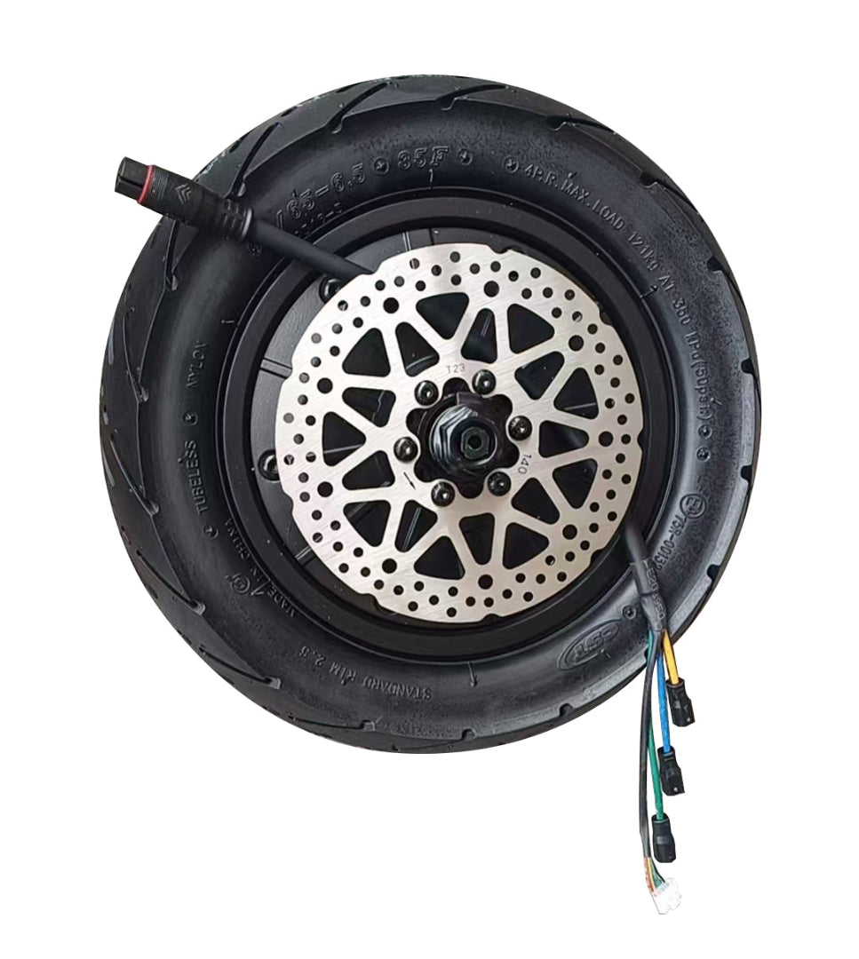 Motorized scooter wheel with tire and brake disc on a white background