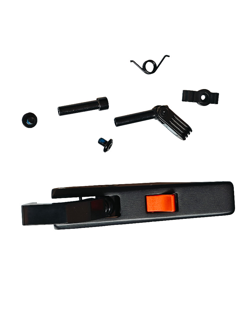 A collection of black latch assembly parts for Apollo scooters, including a latch body, spring, lever, and screws.