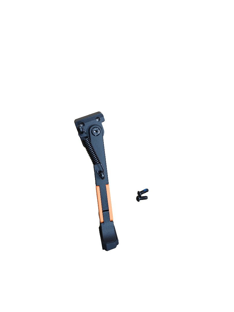 A black and silver kickstand assembly for a vehicle, featuring a single kickstand and a small screw.