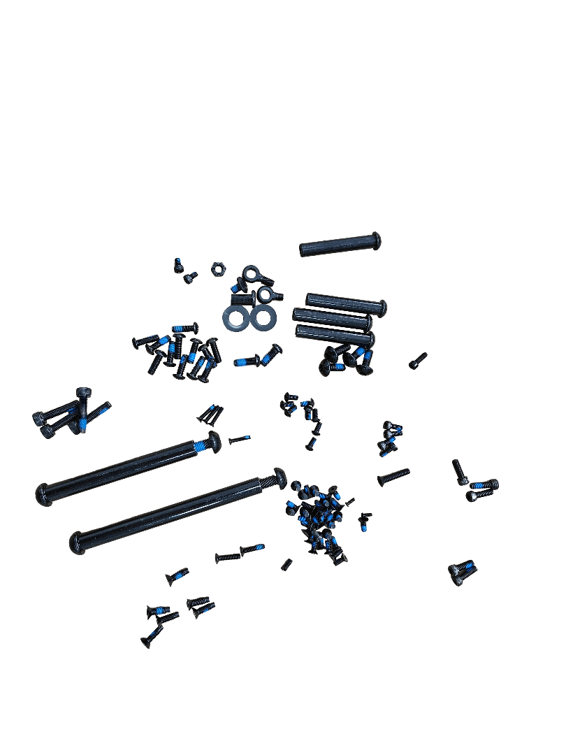 A collection of various screws and small assembly components for the Apollo Phantom 2.0 scooter, primarily in black and blue colors.