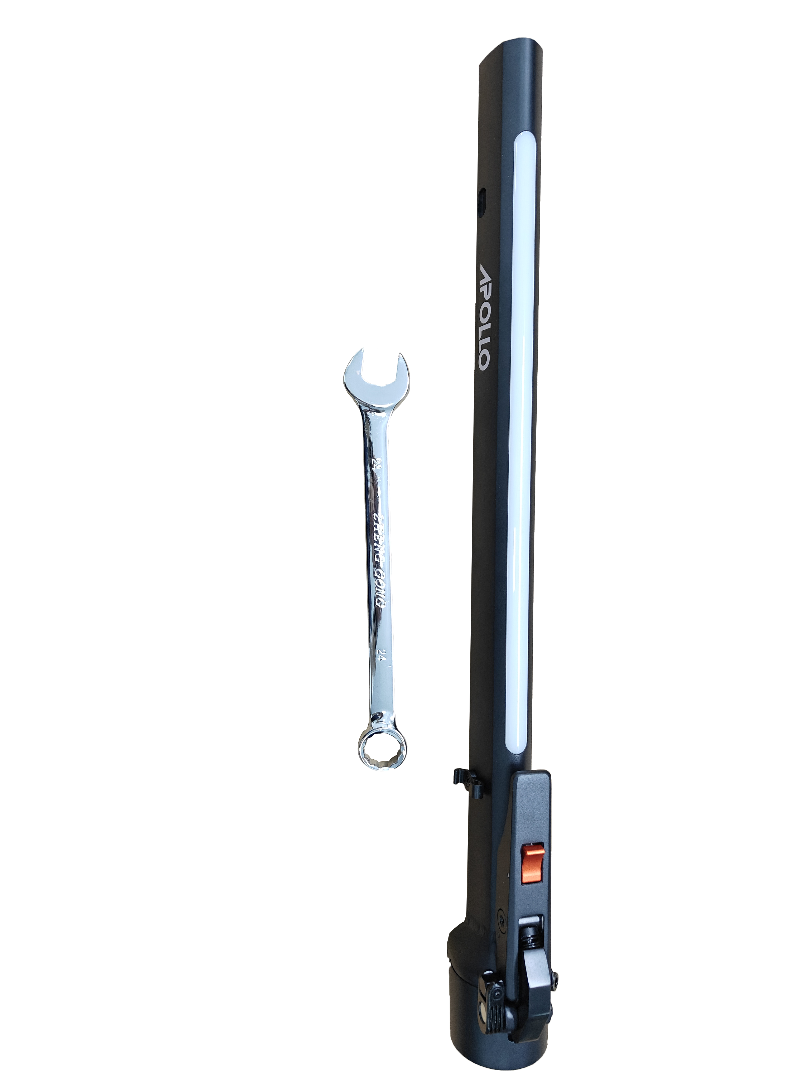 Apollo Phantom 2.0 scooter stem assembly with a black body, a silver wrench, and a sense of depth