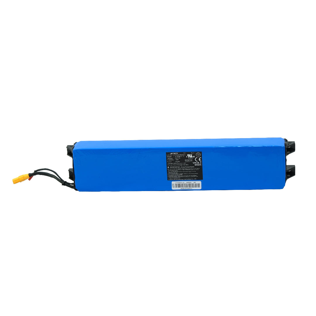 A blue lithium battery assembly for the Apollo Go 2024 scooter, with visible connectors and branding.