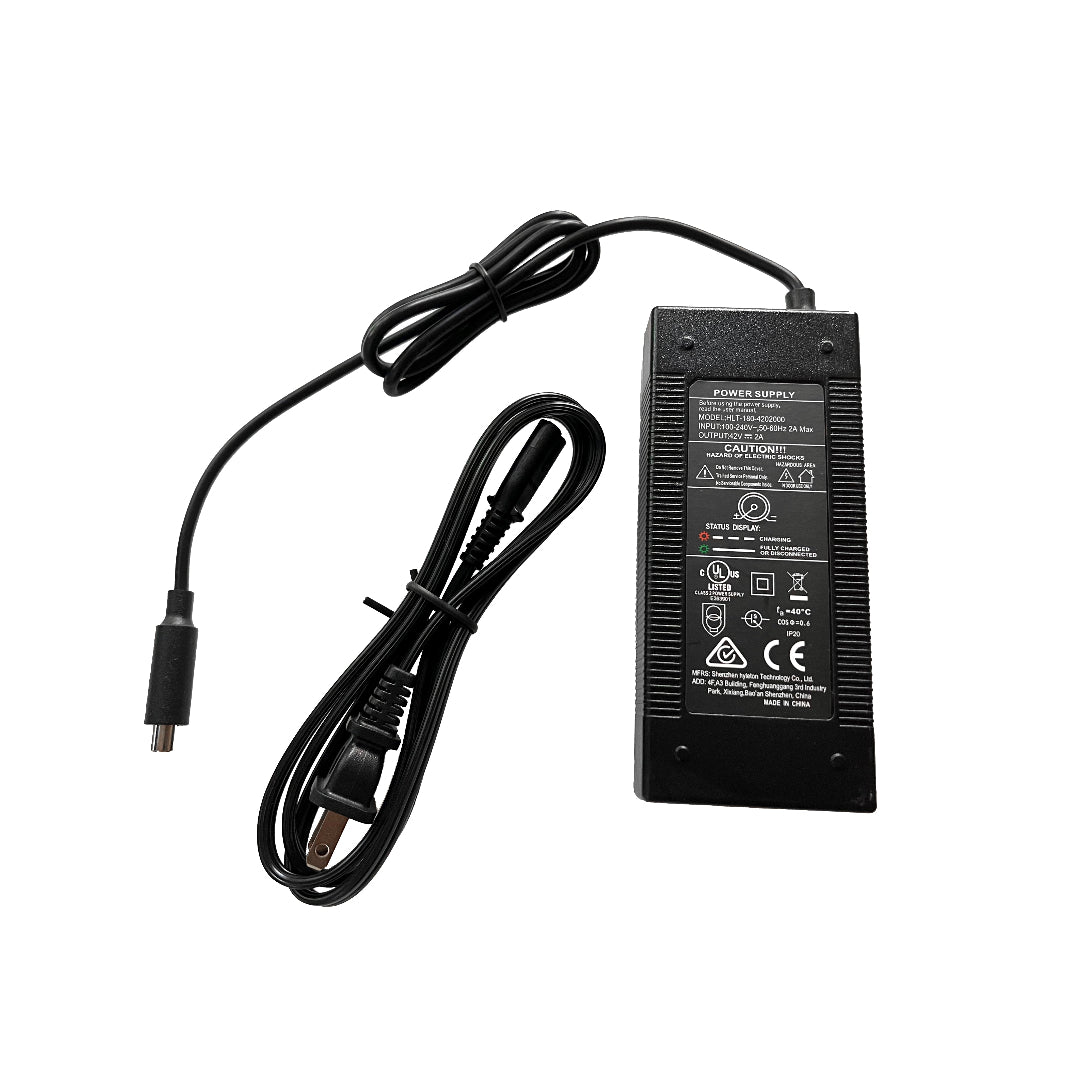 A black power charger with a connector cable, designed for compatibility with the Apollo Go scooter.