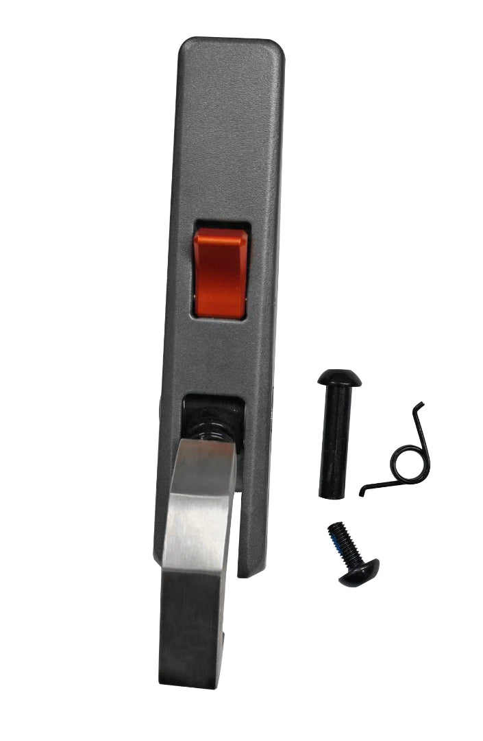 Lock mechanism with red button and screws on a white background