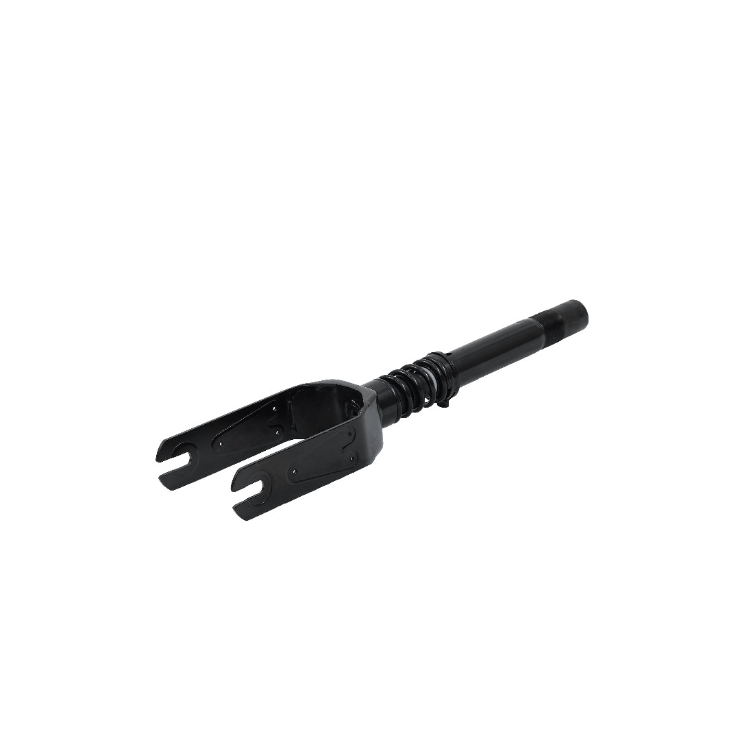 Front suspension assembly for Apollo Go 2024 scooter, primarily black in color.