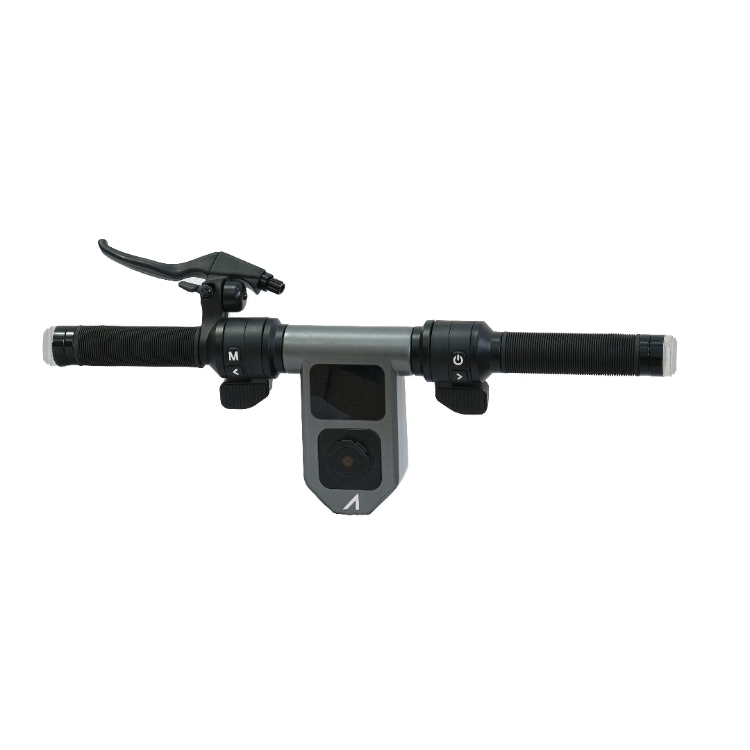 Handlebar assembly for Apollo Go 2024 scooter, including grips, throttles, brake lever with bell, display bracket, headset controller, headlight, turn signals, and screws.