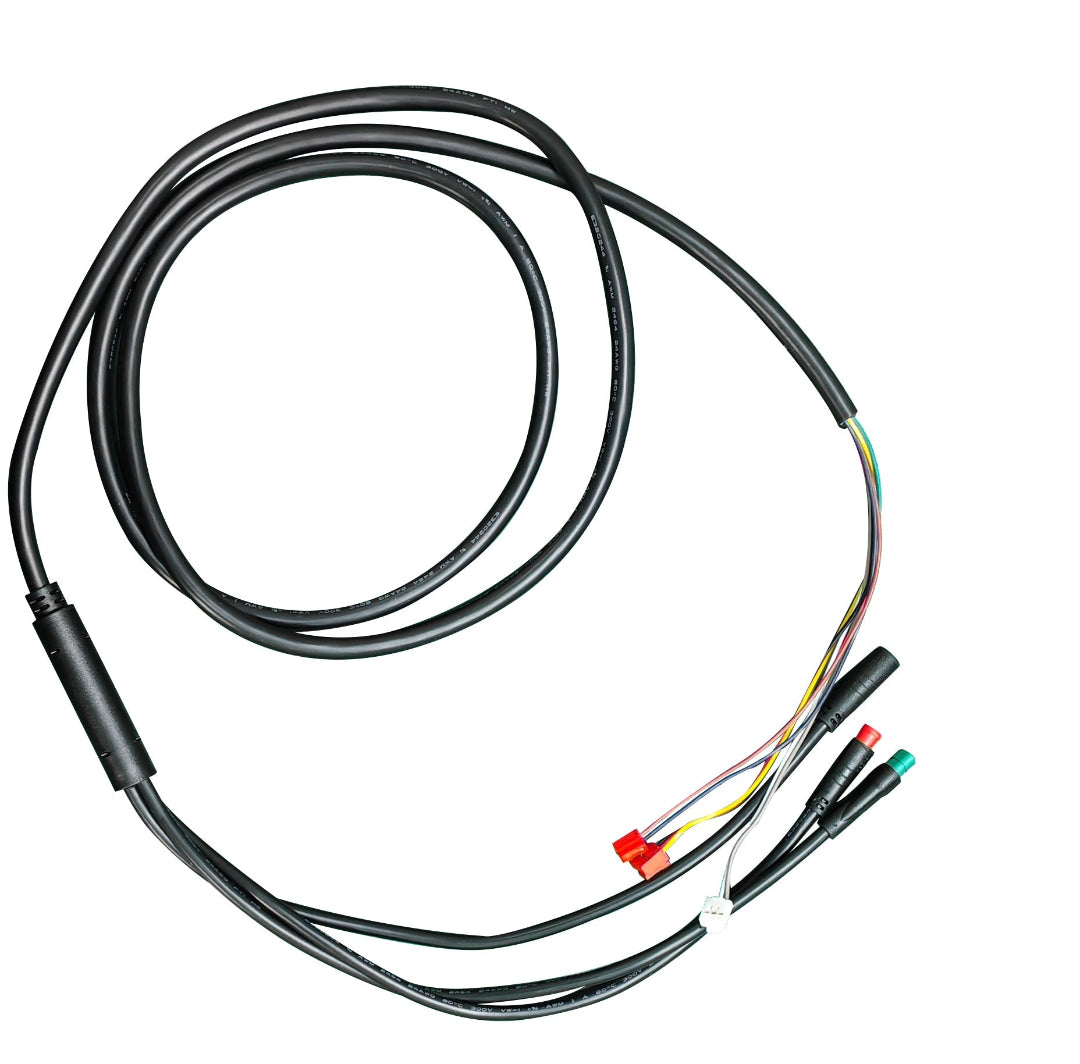 Black cable with colored connectors on a white background