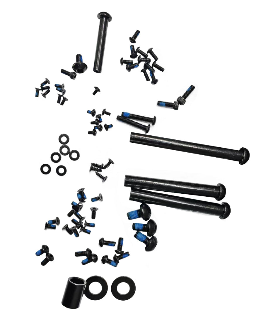 Collection of black and blue screws and bolts on a white background
