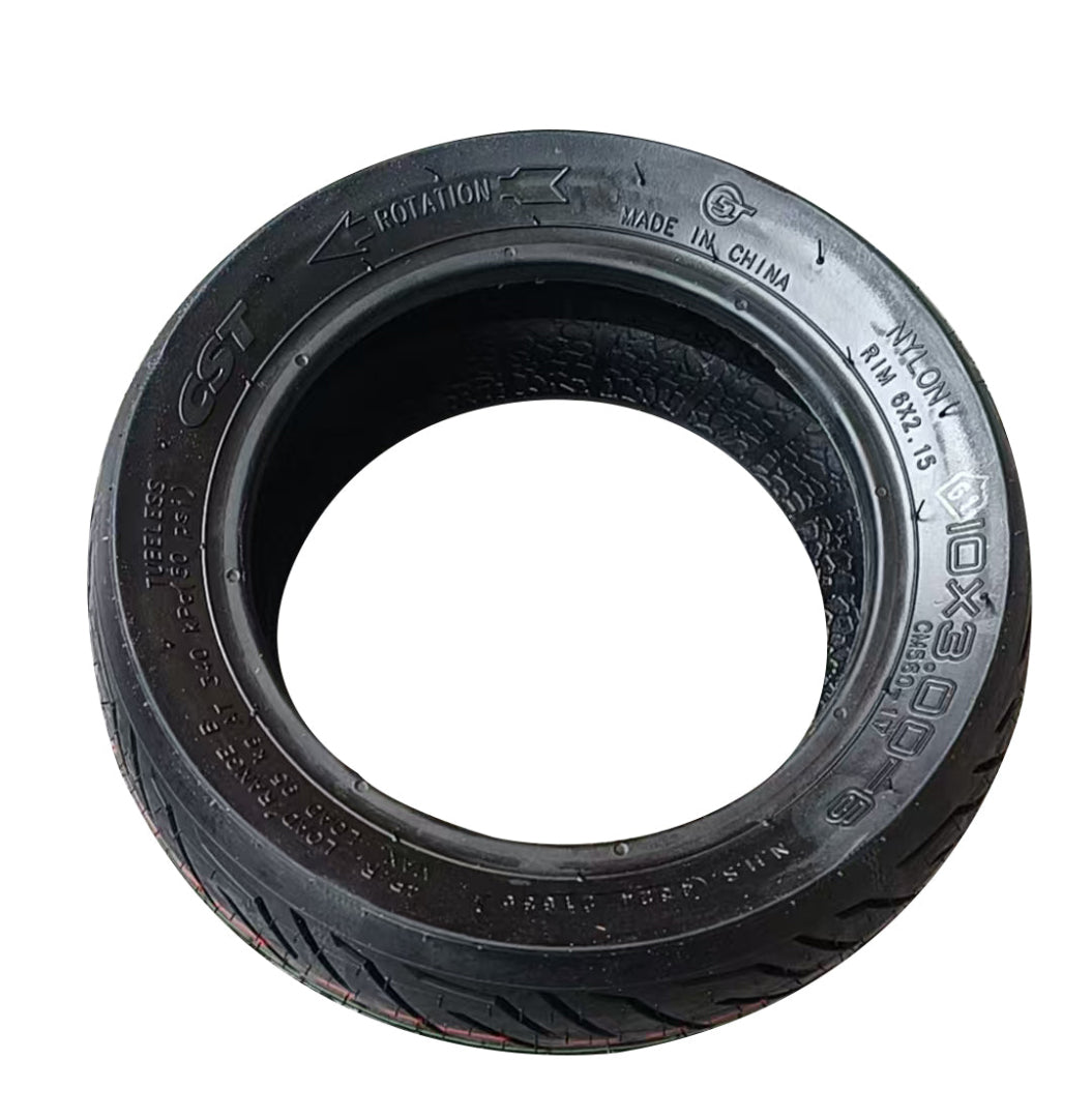 Black tire seal with text and branding on a white background