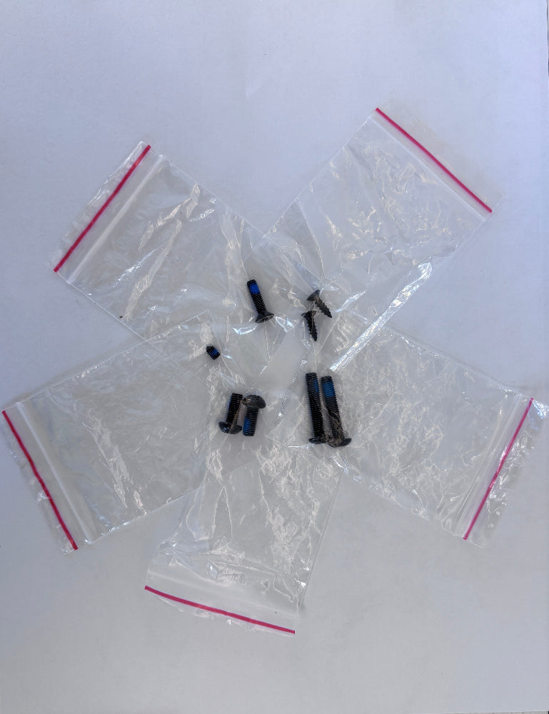 Small black and blue screws in clear plastic bags on a white background