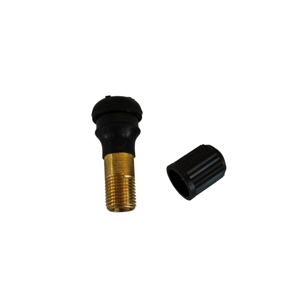 Black and gold valve stem cap on a white background