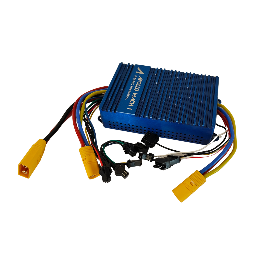 Blue electric scooter controller with connectors on a white background