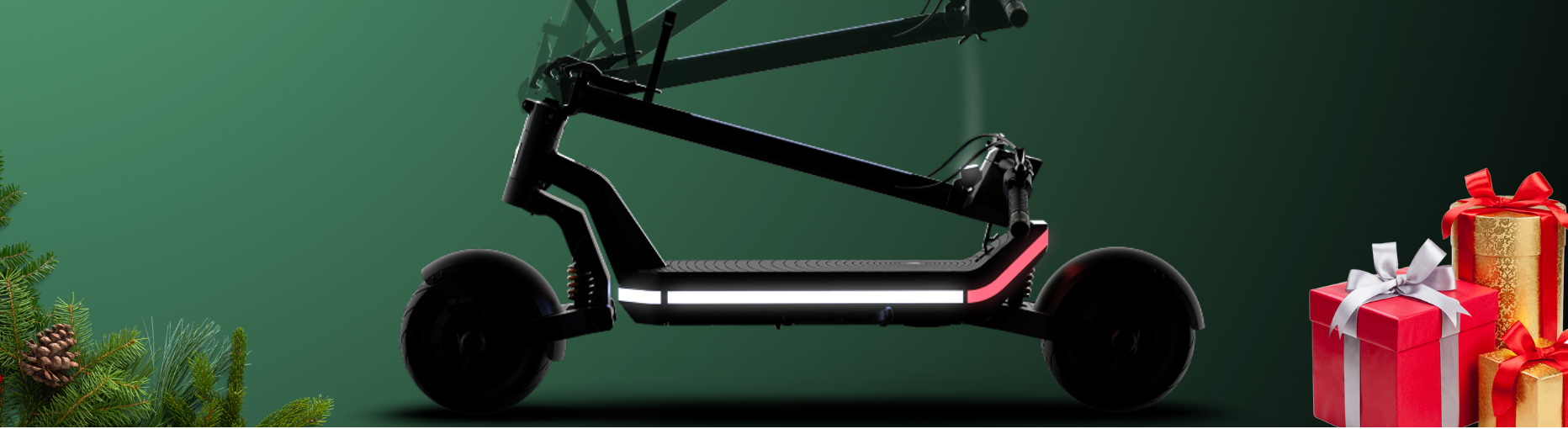 Black scooter with red accents on a green background with Christmas decorations