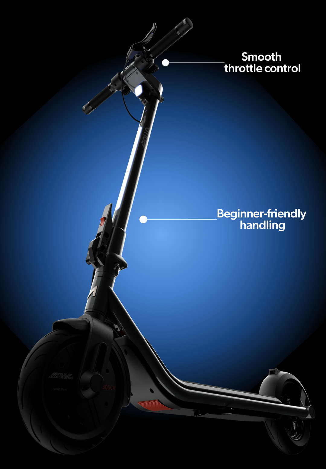 Scooter with text highlighting smooth throttle control and beginner-friendly handling on a blue and black gradient background.