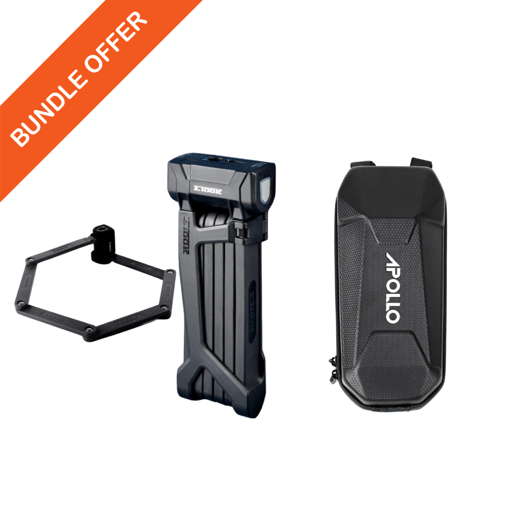 A set of three images showcasing a black Apollo scooter accessory bundle, including a phone holder and a carrying case, with a 'BUNDLE OFFER' label overlaid at the top.