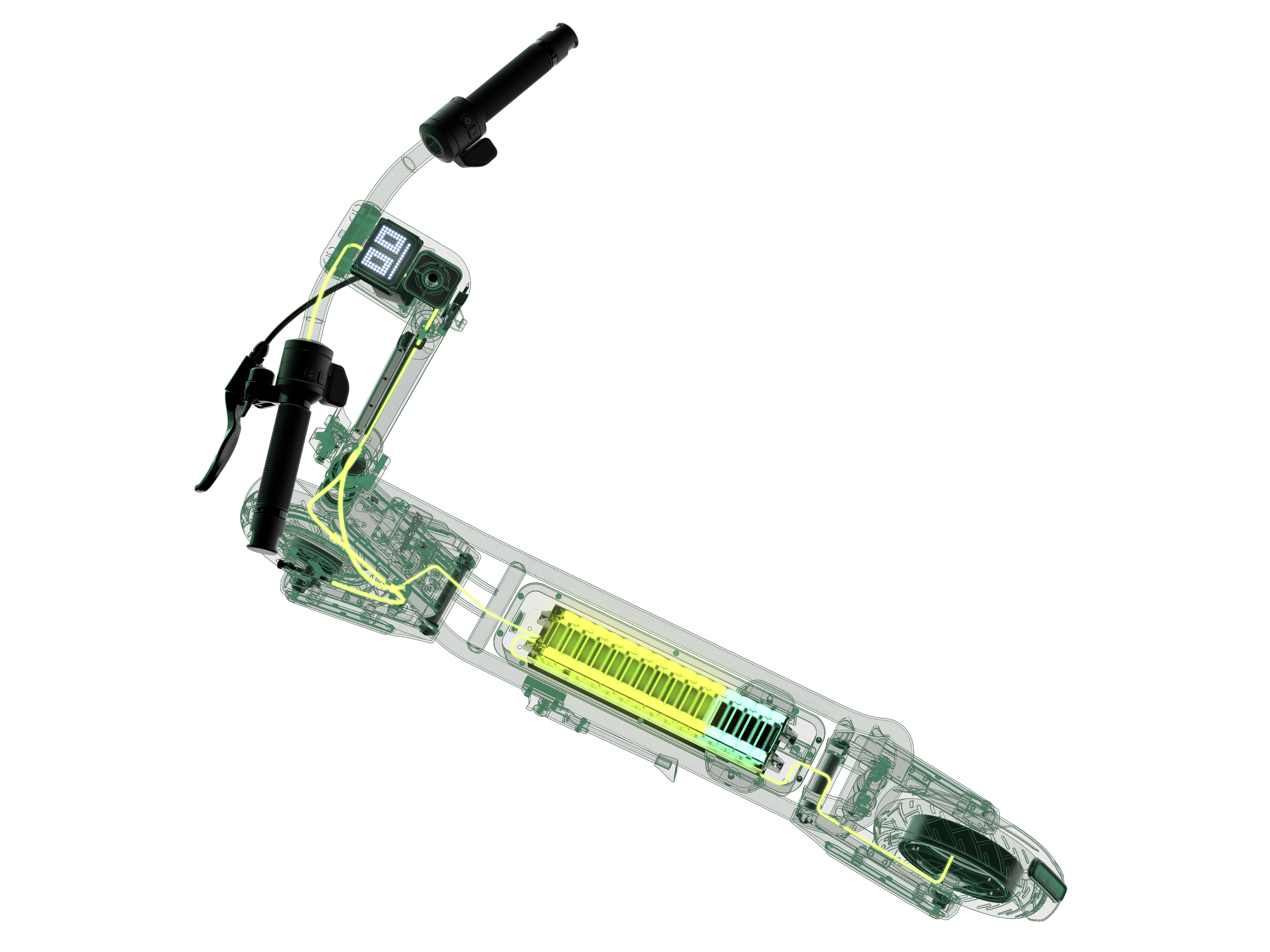 Transparent scooter with visible internal components on a white background
