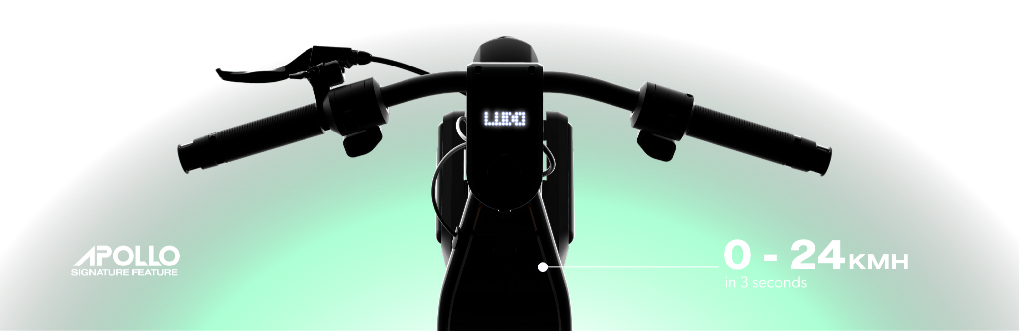 Close-up of an electric scooter handlebar with Apollo branding on a white background