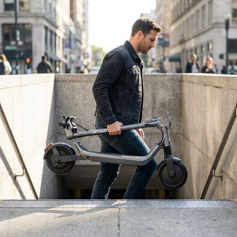 Man carrying an Apollo Go Stellar scooter on a city street