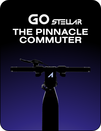 Promotional graphic for the GO Stellar commuter electric bike, featuring a black silhouette of the bike's handlebars and stem against a dark blue-to-black gradient background with bold white text.