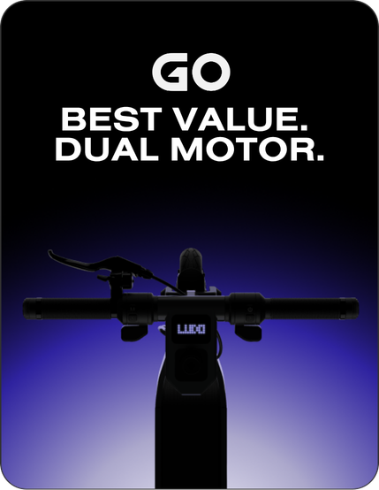 Promotional graphic for a LUDO electric scooter showing a black handlebar and front section of the scooter against a dark gradient background with the text 'GO BEST VALUE. DUAL MOTOR.