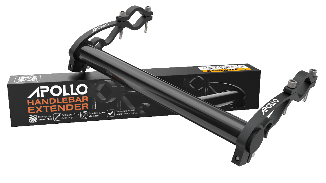 Apollo Handlebar Extender for scooters, showing the product with a black and gray color scheme and carbon fiber appearance.
