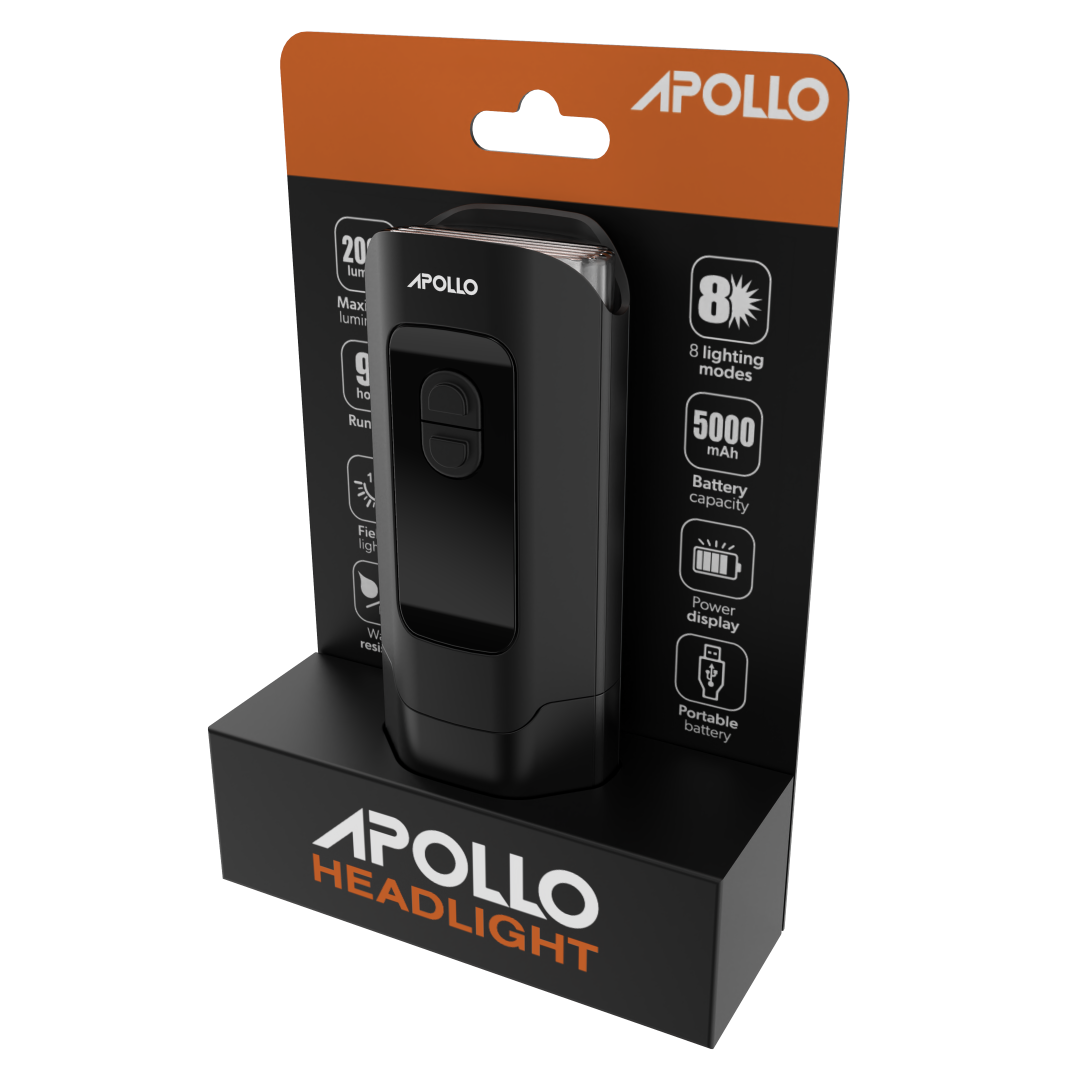 Packaging of the Apollo Headlight displaying the headlight unit, with features like brightness, battery capacity, and water resistance highlighted on the package.