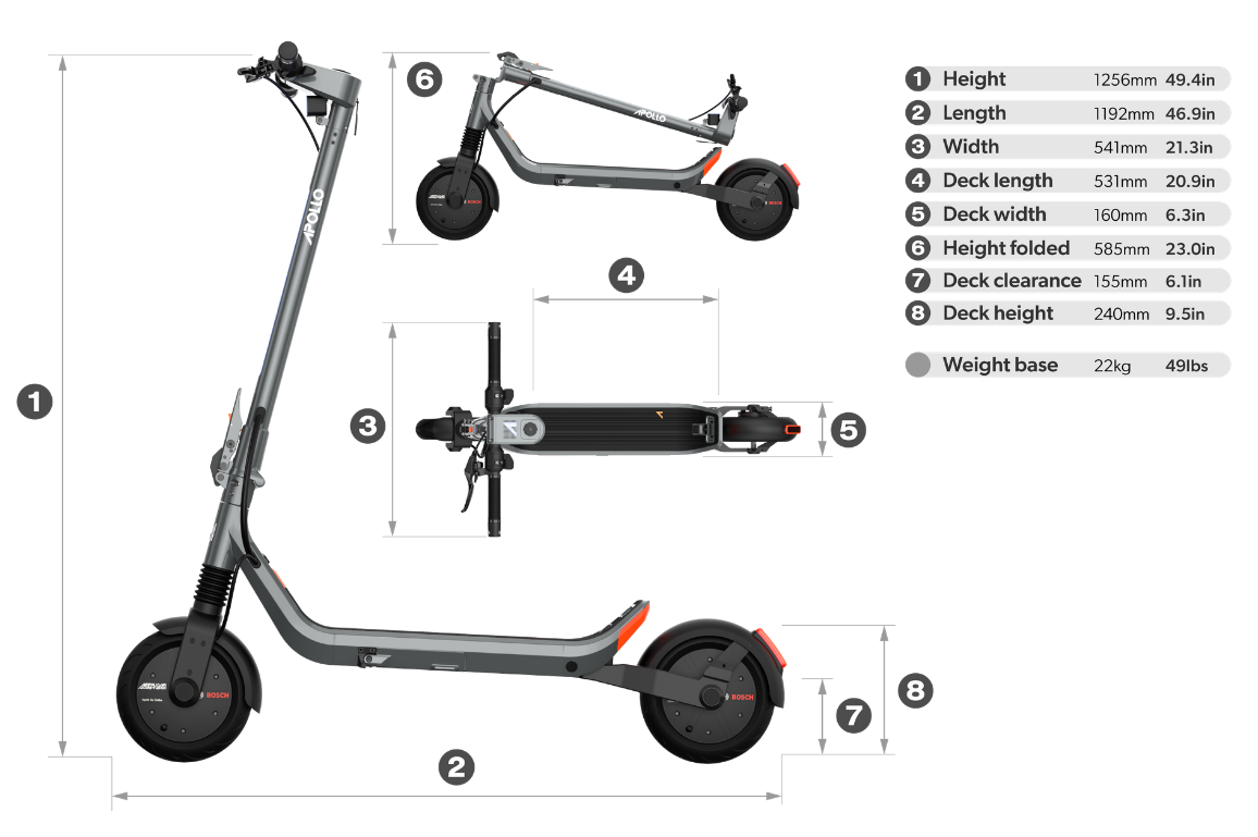 A technical dimension diagram of a folding electric scooter showing multiple views with measurement callouts and a specifications table on a white background.